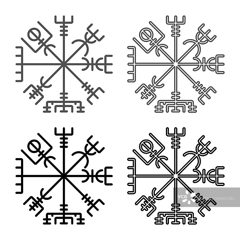维京指南针符文导航罗盘符号图标灰色黑色矢量插图扁平风格简图图片素材