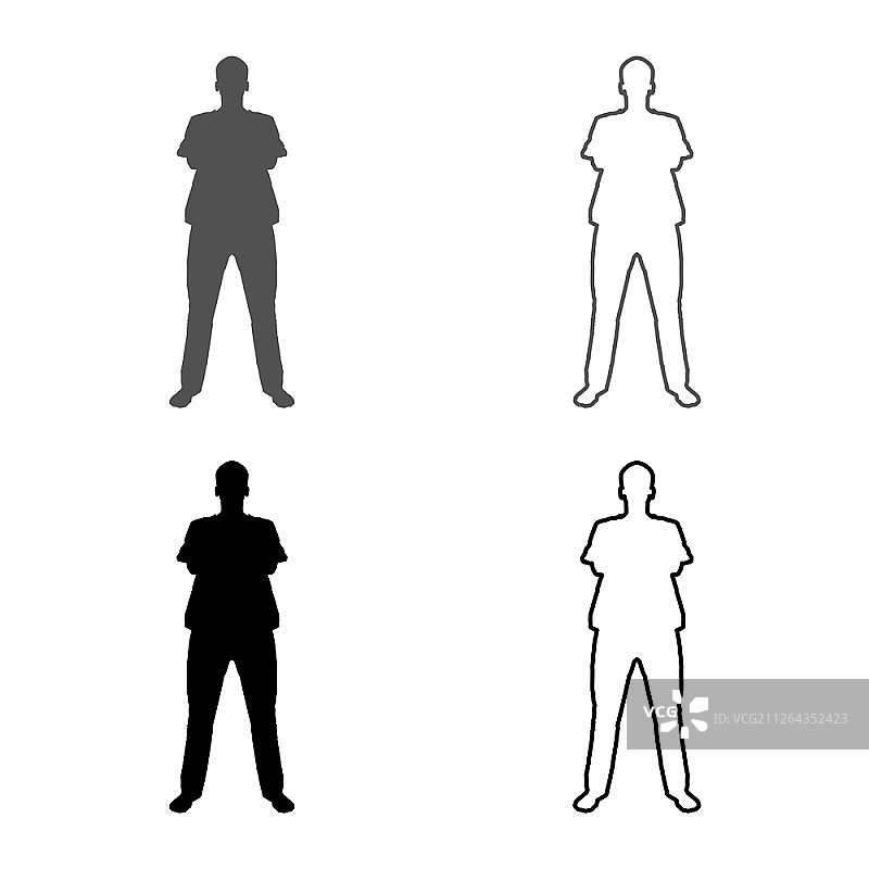 牙医外科医生穿着医疗服，双手交叉放在胸前，手术结束的概念，灰色黑色矢量插图图片素材