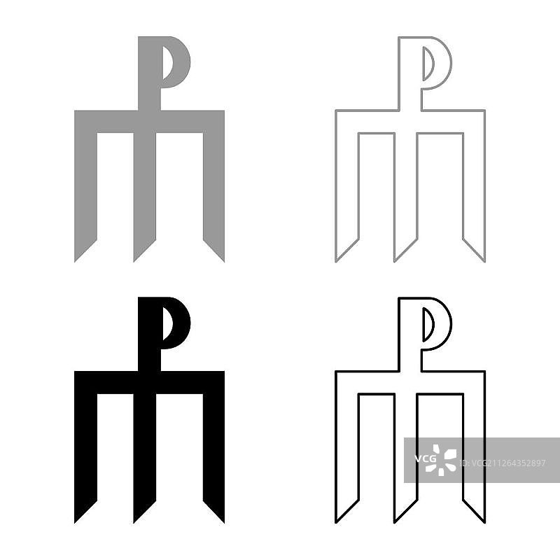 十字交织字母三叉戟符号秘密概念符号宗教十字图标设置黑色灰色矢量插图平面风格简单的形象图片素材