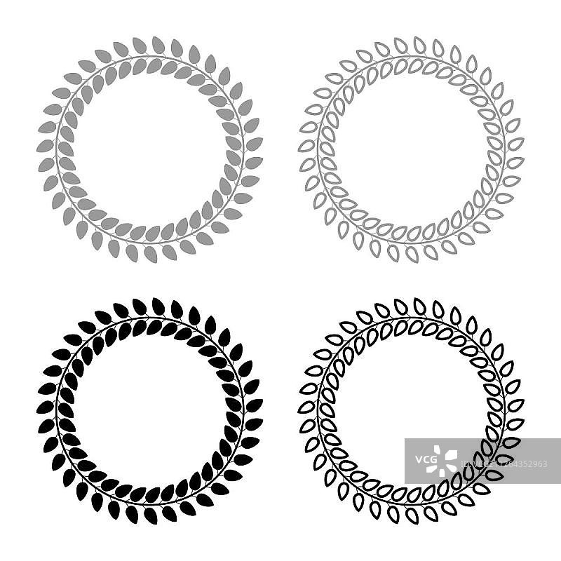 花卉圆形花环树叶圆形花卉框架花卉边框图标集黑灰色矢量插图扁平风格简约图像图片素材