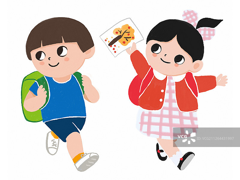 上学放学的男孩和女孩插图手绘图片素材