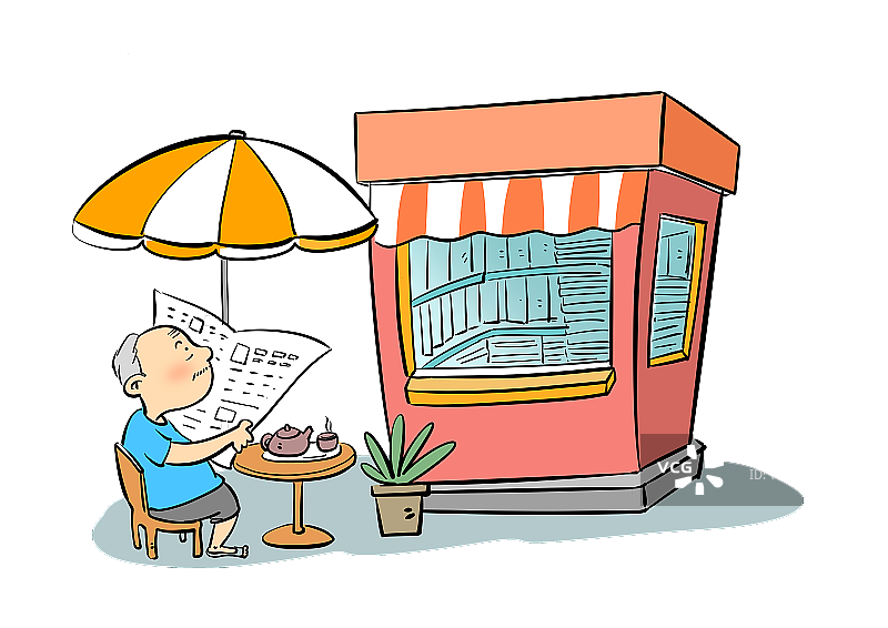 报刊亭前看报纸的老爷爷图片素材