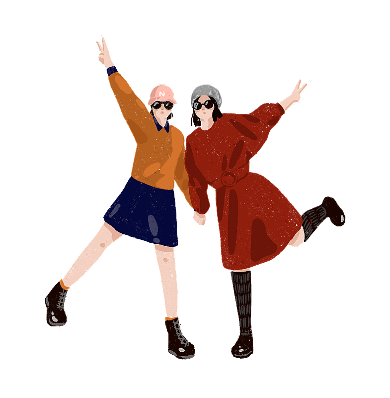 少女姐妹合影插画元素图片素材