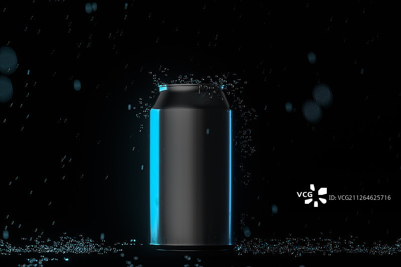 黑色背景下摆放的黑色金属易拉罐与雨滴特效 三维渲染图片素材