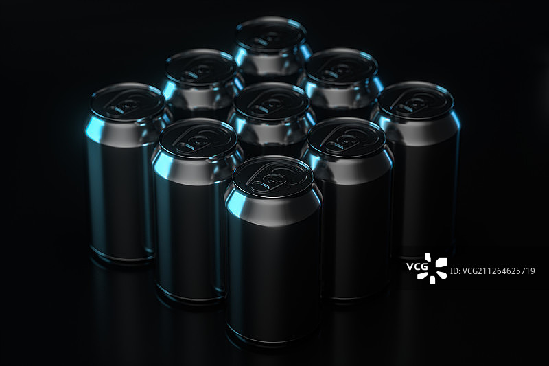 黑暗背景下堆叠的黑色金属易拉罐 三维渲染图片素材