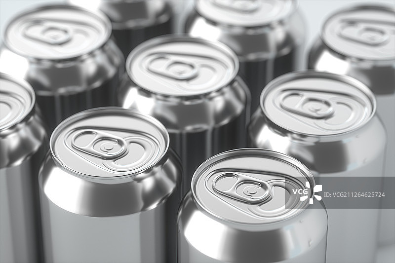 排列整齐的崭新的金属易拉罐 三维渲染图片素材