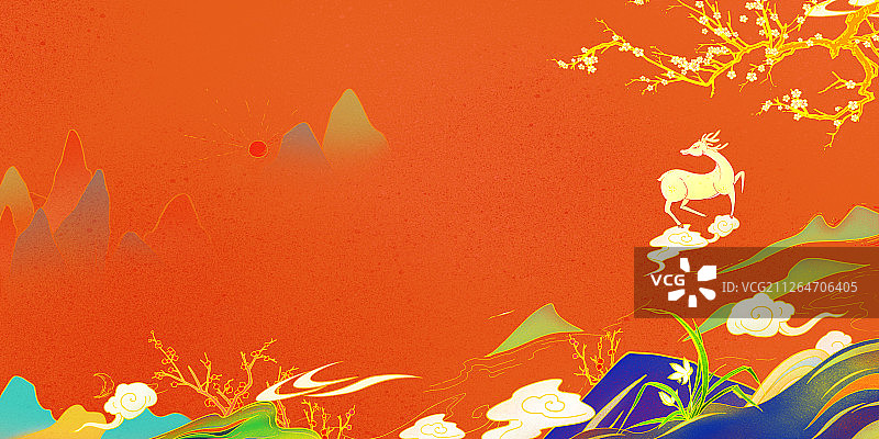 国潮风插画敦煌壁画工笔画鹿王山水图片素材