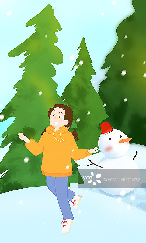 24节气插画大寒大雪天森林里堆雪人欢乐的女孩图片素材