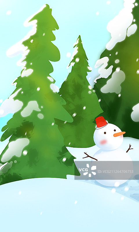 24节气插画大寒大雪天森林里堆雪人欢乐的女孩图片素材
