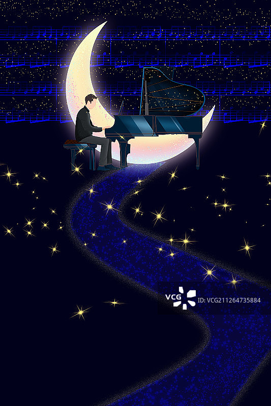 一位音乐家在演唱会上弹钢琴，发光的月亮耸立在舞台中央插画图片素材