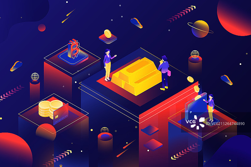 2.5D等距区域链比特币金融概念渐变矢量背景插画图片素材