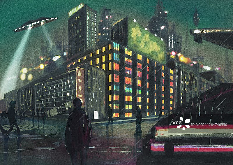 未来感的赛博朋克街景和行人图片素材