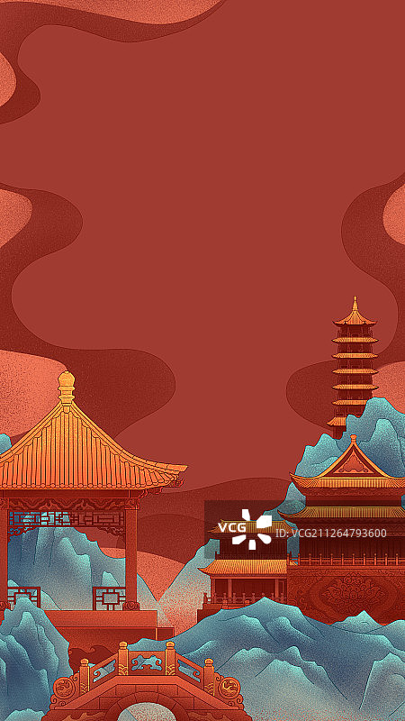 红色祥云青山环绕的古代宫殿楼阁古塔石桥国风古典插画图片素材
