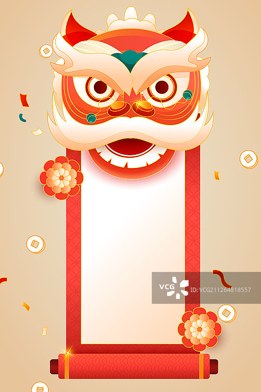 卡通2020鼠年新年快乐狮子头中国风背景矢量插画图片素材
