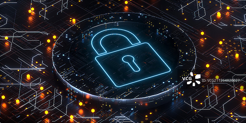 3D抽象芯片上的盾牌图片素材