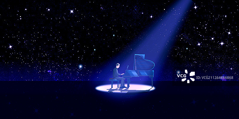 一位穿燕尾服的音乐家在舞台上弹钢琴，灯光射灯打在他身上插画图片素材