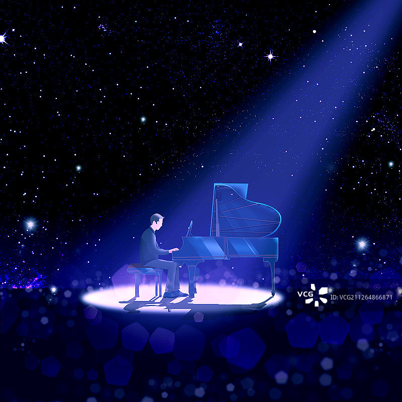 一位穿燕尾服的音乐家在舞台上弹钢琴，灯光射灯打在他身上插画图片素材