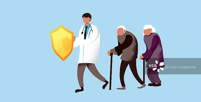 卡通手绘医生持盾抵抗癌症保护病人闪屏插画图片素材