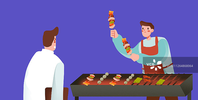 卡通手绘吃烧烤街边摊美食闪屏海报插画图片素材