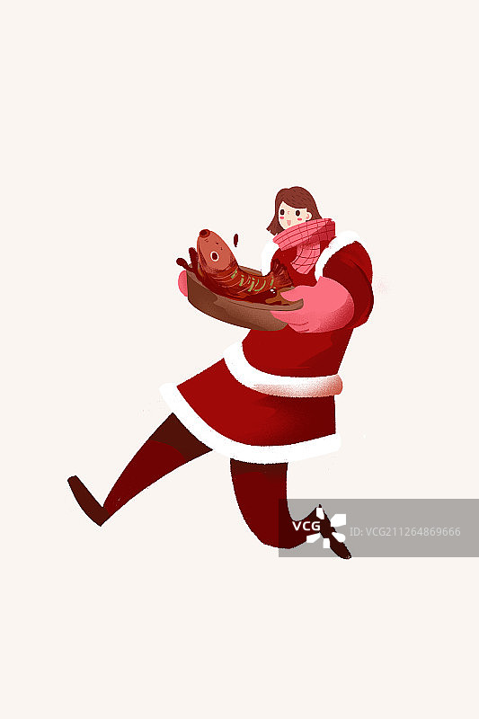 卡通手绘北方小年过年妹子端鱼年味闪屏插画图片素材