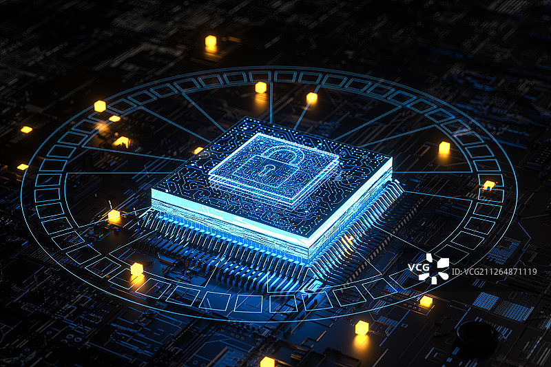 3D抽象芯片上的盾牌图片素材