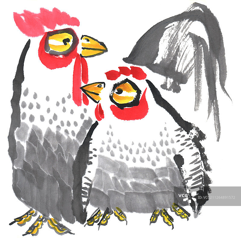 中国画水墨动物插画-一种公鸡和一只母鸡图片素材
