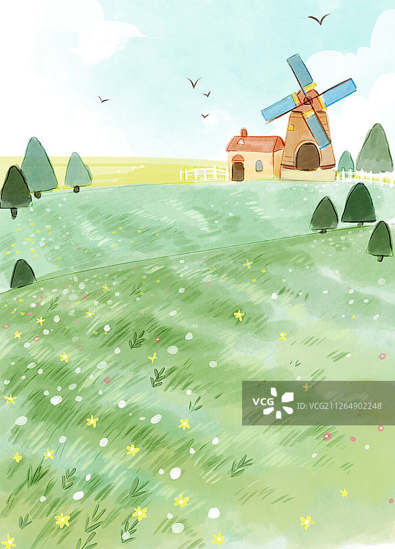 开满花的田野水墨插画图片素材