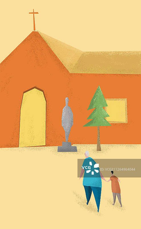 爷爷带着孙子向房子走去图片素材