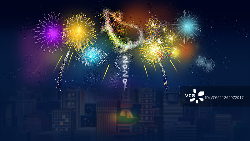 2020鼠年璀璨星空城市烟花秀插画图片素材
