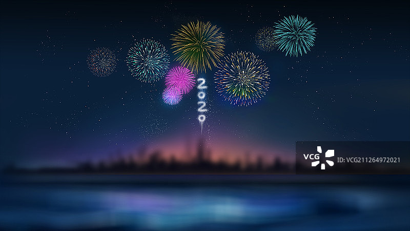 2020鼠年璀璨星空城市烟花秀插画图片素材