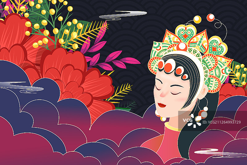 卡通国潮花旦京剧唱戏女人中国风背景矢量插画图片素材