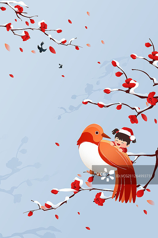 卡通鸟风雪梅花大寒冬季雪景背景矢量插画图片素材