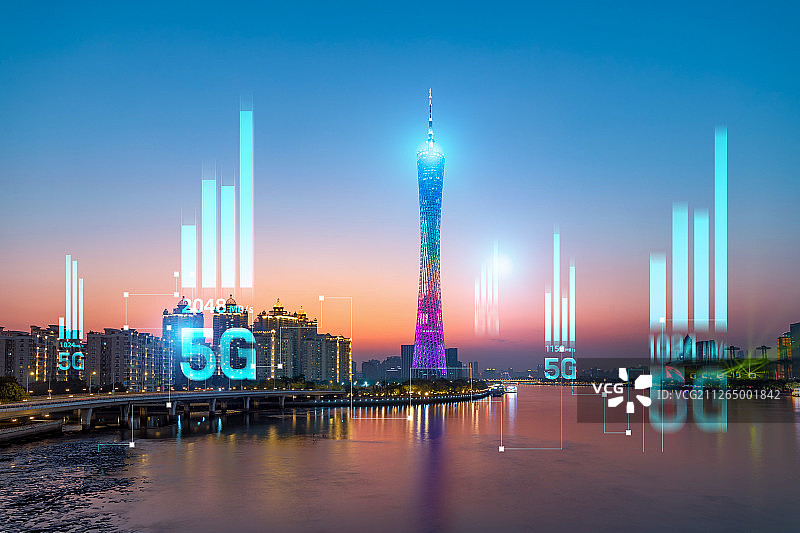 5G网络科技提升网速快速发展广州塔夜景城市高楼建筑经济商务图片素材