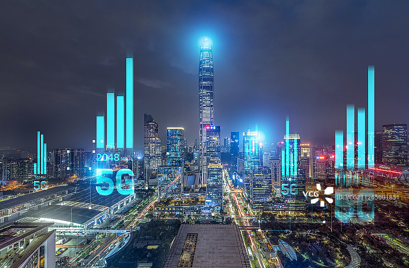 5G网络信号科技快速发展深圳城市全景夜景高楼建筑经济商务贸易图片素材