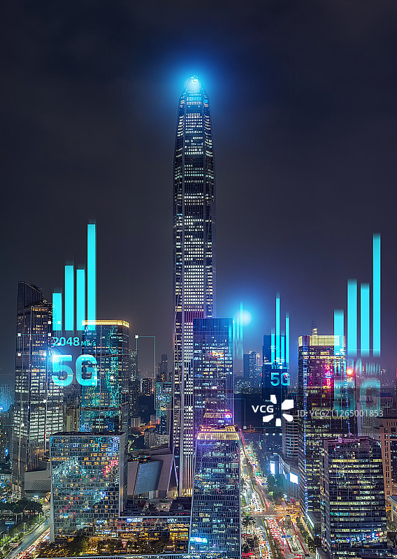 5G网络信号科技快速发展深圳城市全景夜景高楼建筑经济中心图片素材