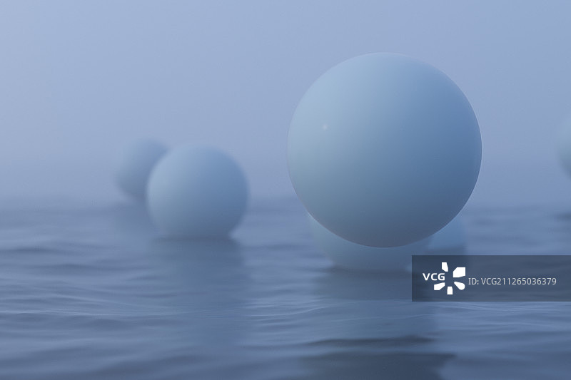 水面上漂浮的多个球体 三维渲染图片素材