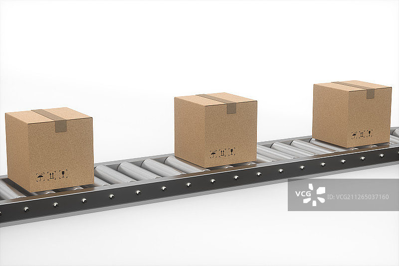 包装纸箱与货物传送带 三维渲染图片素材