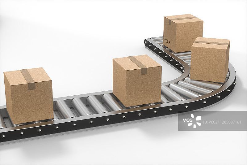 包装纸箱与货物传送带 三维渲染图片素材