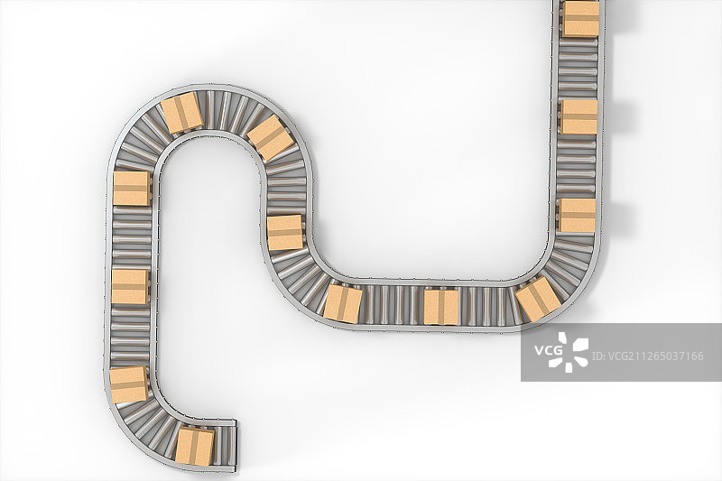 包装纸箱与货物传送带 三维渲染图片素材