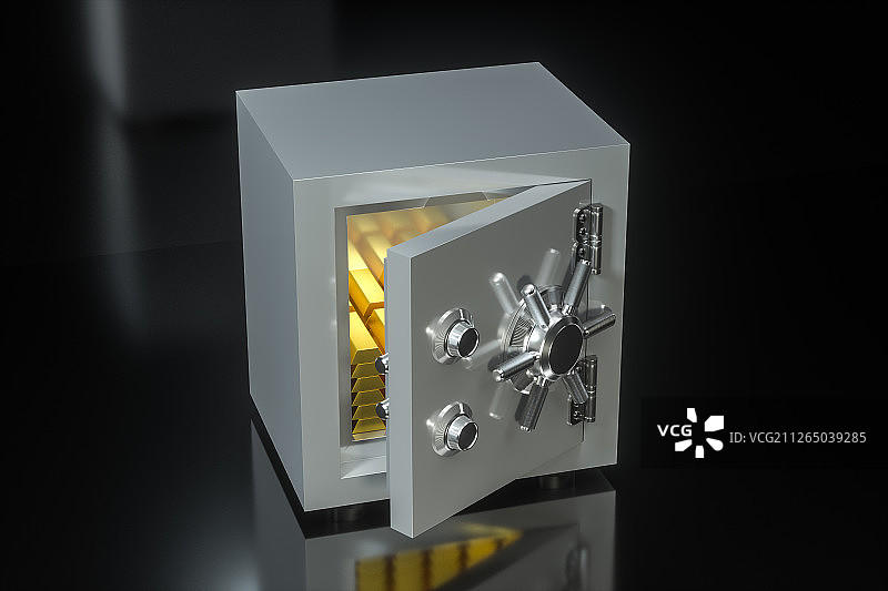 金属保险箱内闪亮的金条 三维渲染图片素材