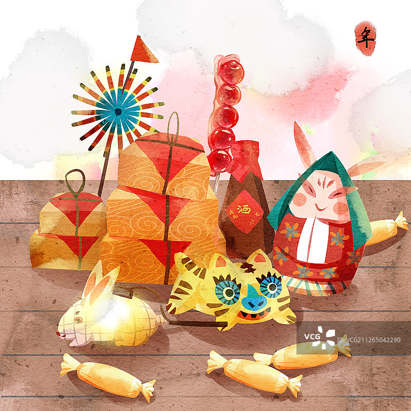 水彩风格春节习俗买年货插画图片素材