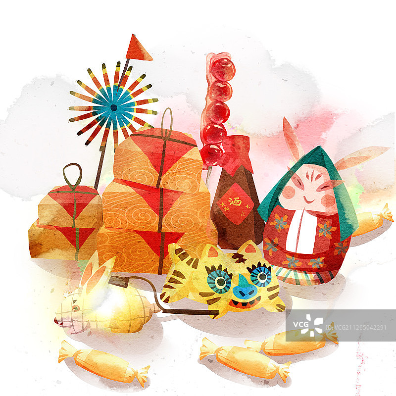 水彩风格春节习俗买年货插画图片素材