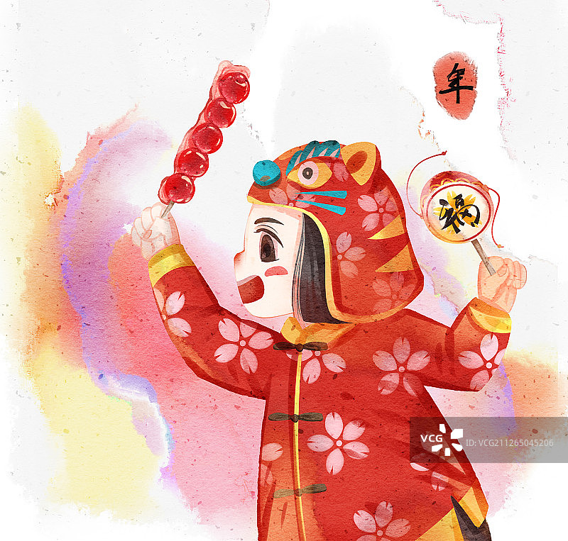 水彩风格春节孩童手拿着冰糖葫芦和波浪鼓插画图片素材