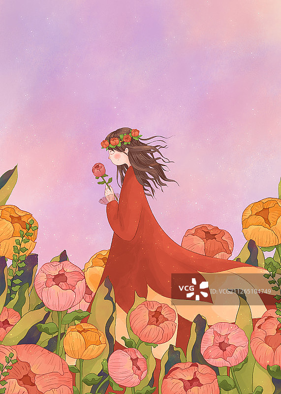 花朵中的美丽女孩女神节插画竖版图片素材
