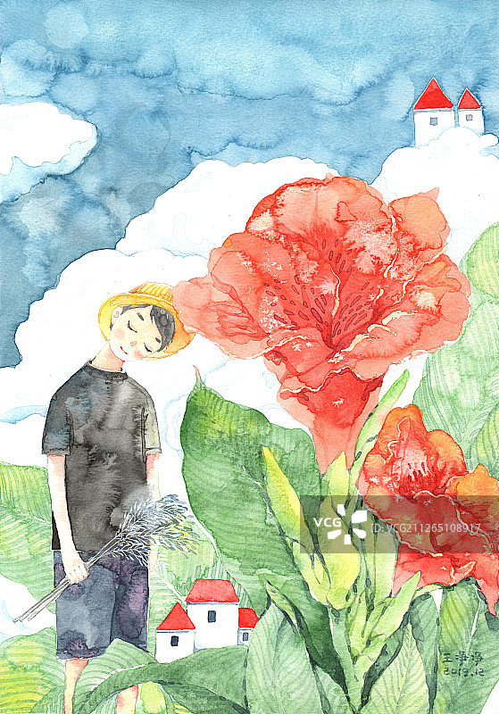 唯美水彩插画-家乡美人蕉旁边的男孩图片素材