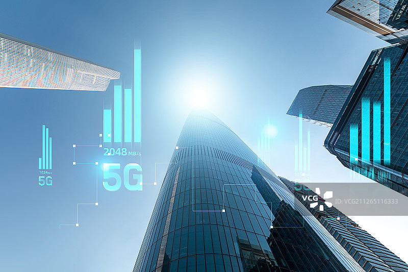 5G网络信号科技快速发展广州CBD摩天大楼市建筑经济中心图片素材