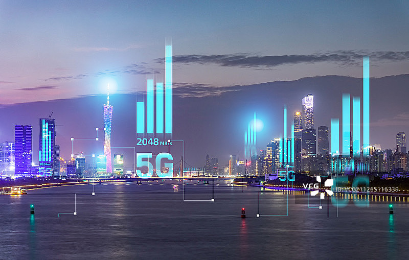 5G网络信号科技快速发展广州夜景全景城市天际线建筑经济图片素材