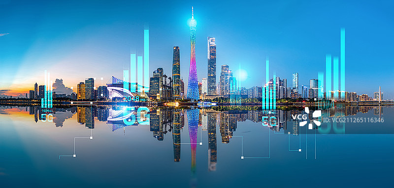 5G网络信号科技快速发展广州全景夜景城市建筑经济金融图片素材