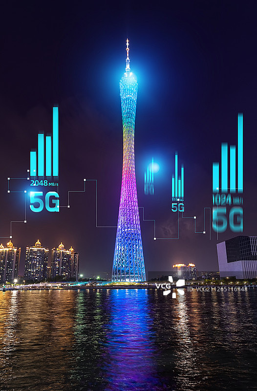 5G网络信号科技快速发展广州全景夜景城市建筑经济金融图片素材