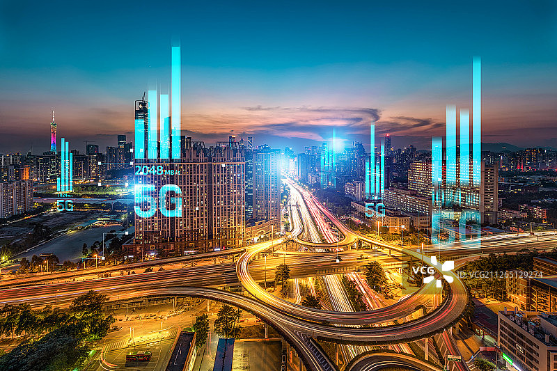 5G网络信号科技快速发展广州夜景城市天际线公路建筑经济中心图片素材